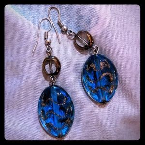 Blue Earrings with Gold Glitter Swirls